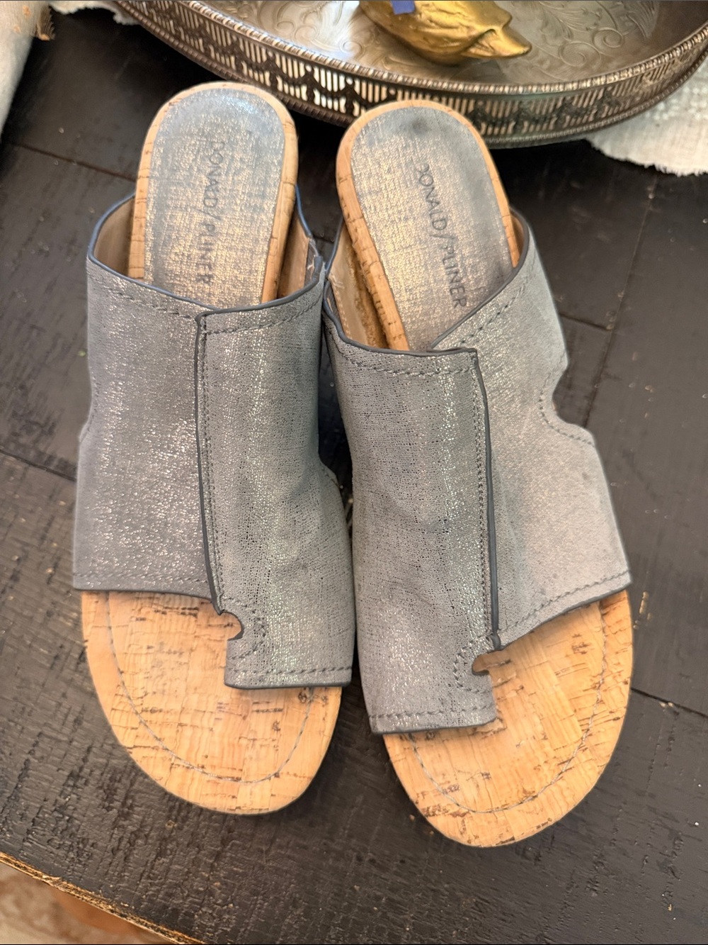 Donald J. Pliner Metallic Silver Leather Slide Mules